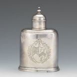 John Newton, Armorial Sterling Silver Tea Caddy, Arms of Stevens and Huntley, ca. 1730 5-3/8" x 3-