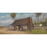 William Aiken Walker (American, 1838-1921) 6-1/4" x 12-1/4" board size Cabin.  Oil on board,