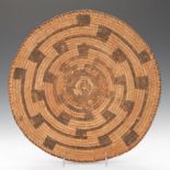 Native American Pima Basket, ca. 1920 13-3/4" x 2-3/4"A hand crafted shallow coiled pima basket with