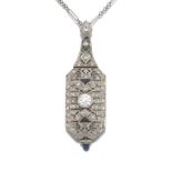 Art Deco Platinum, Diamond and Sapphire Pendant Watch on Chain pendant 2-1/8" x 3/4", chain 12-3/4"L