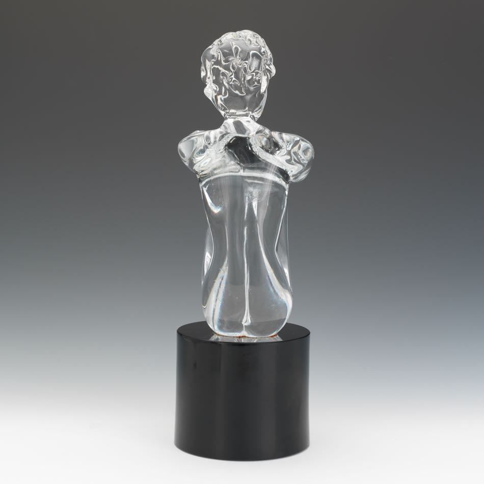 Loredano Rosin  (1936 - 1992)  15-1/2"Clear glass seated male, on round black glass base, artists - Image 4 of 7