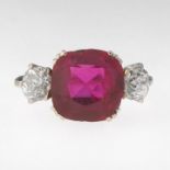 Edwardian Synthetic Ruby and Diamond Ring  Ring size 5 White gold and platinum prong mounting