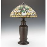 Handel Base with Leaded Glass Shade 24" x 15-1/2"Yellow tulip spray design on lampshade with three