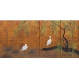 Four Panel Japanese Painted Screen 3'-1/2" x 5'11"Painting on paper, laid on silk fabric panels,
