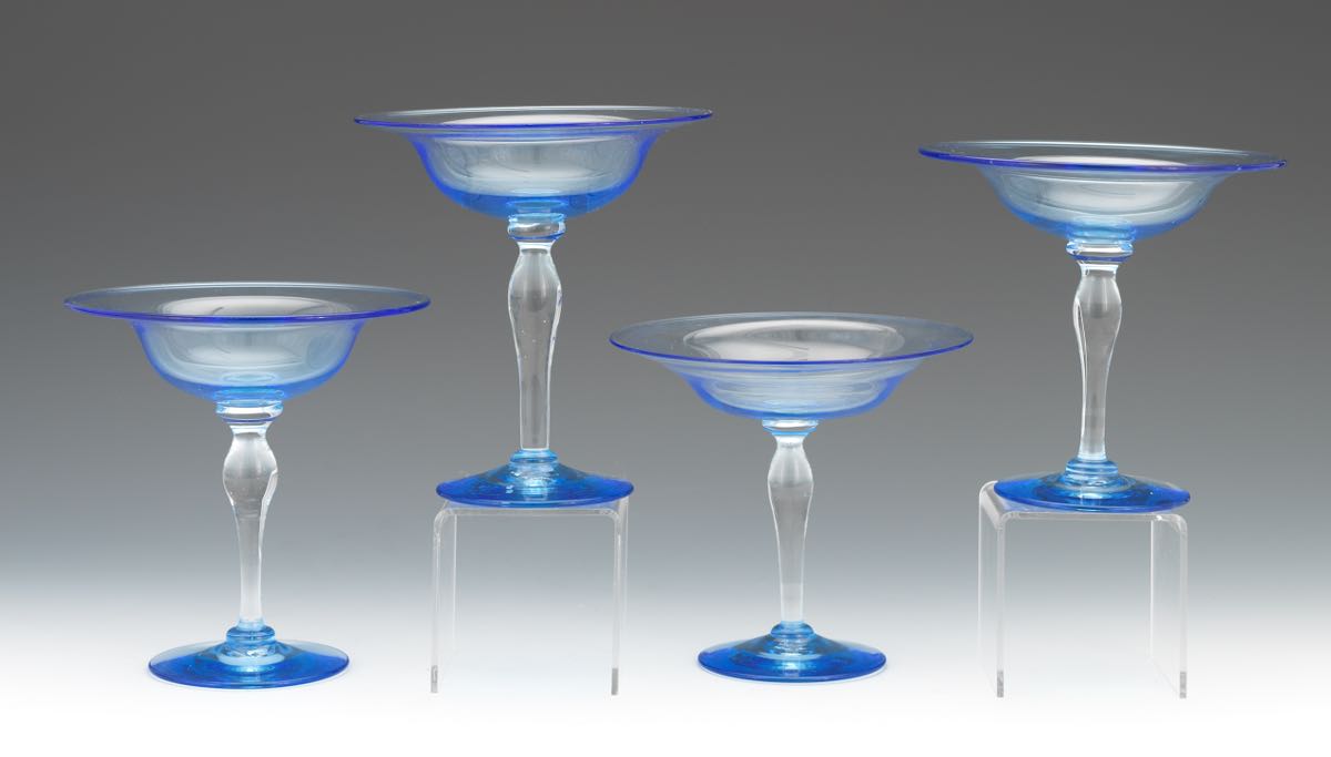 Four Blue Glass Compotes nullFour clear blue and clear blown glass compotes in a shape by Steuben, - Image 3 of 6