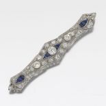 Art Deco Platinum, Diamond and Sapphire Brooch Pin 2-3/4" Platinum bar pin set with central round