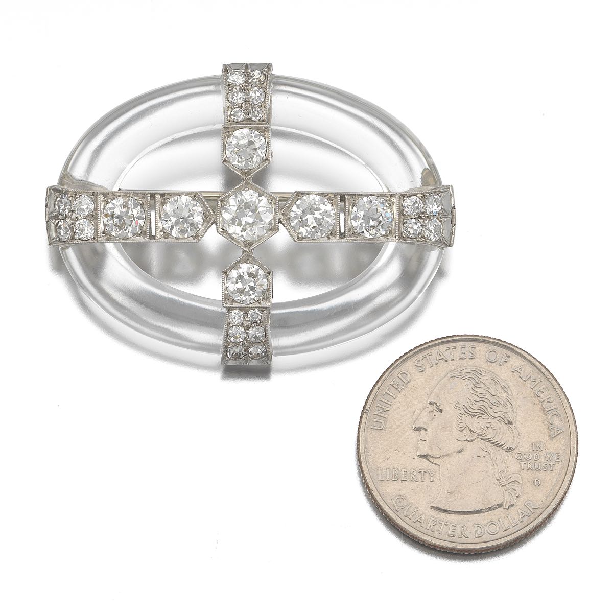 Diamond, Platinum and Rock Crystal Brooch  1-3/4 x 1-1/8 in. Oval shape brooch comprised of carved - Image 4 of 4