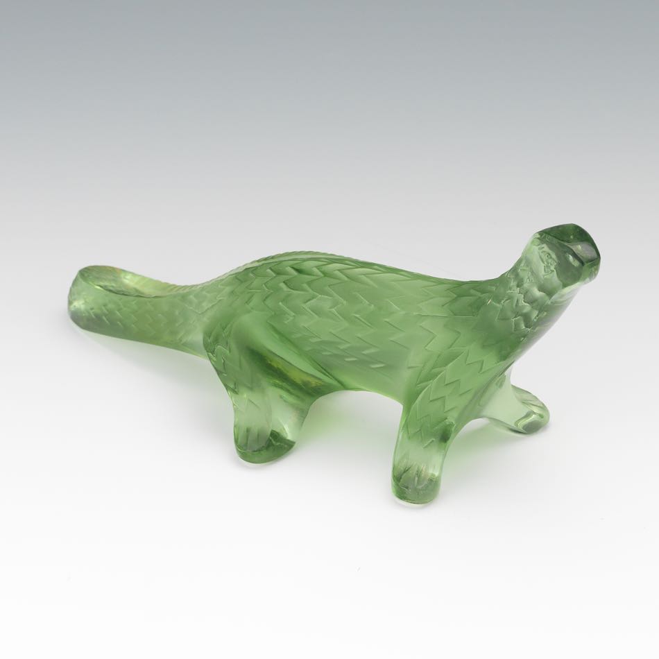 Lalique Glass Dinosaur 2-7/8" x 6"A frosted green glass dinosaur marked "Lalique" on base with a "