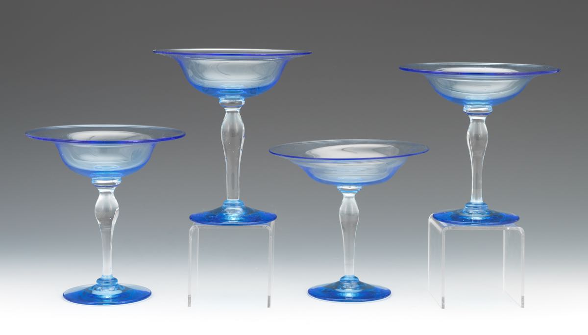 Four Blue Glass Compotes nullFour clear blue and clear blown glass compotes in a shape by Steuben, - Image 2 of 6