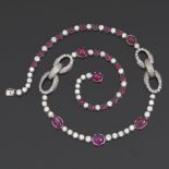 Ladies' Deco Style Diamond and Ruby Cabochon Necklace  16-1/4 in. 18k white gold necklace designed