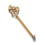 Art Nouveau Gold, Pearl and Montana Sapphire Brooch  2 in. 14k yellow gold pin with Art Nouveau