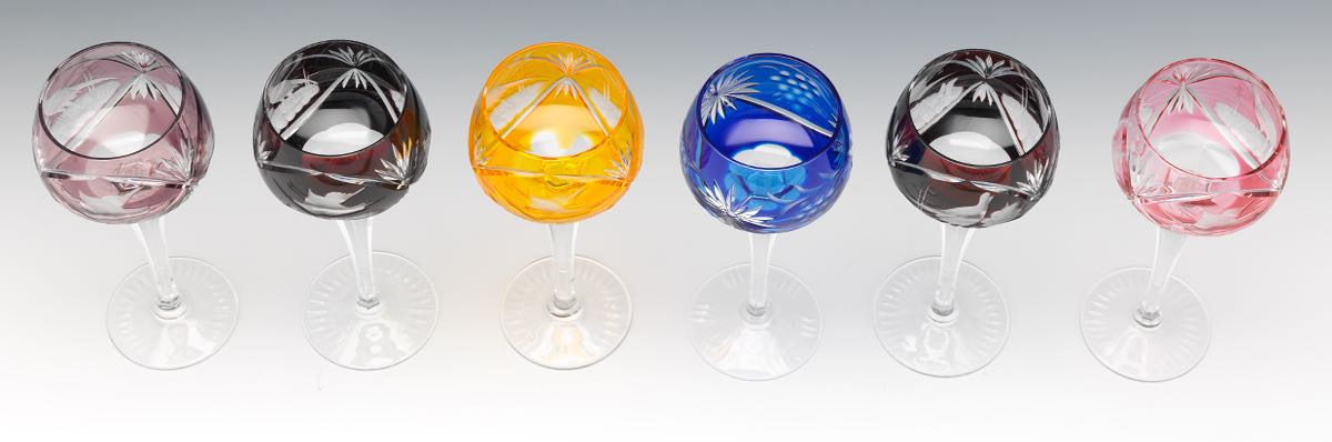 Eleven Bohemian Cut Back Wine Goblets 7-1/2"Of various colorations, tall cut crystal wine goblets - Image 11 of 12