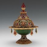 Jay Strongwater Ottoman Style Lidded Dish 11" x 8"A polychromed enamel dish on a reticulated