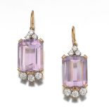 A Pair of Diamond and Kunzite Pendant Earrings  Â½ in. 14k rose gold pendant earrings featuring