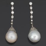 A Pair of Platinum, Diamond and South Sea 18mm Pearls  2-1/2 in. Platinum pendant earrings set
