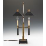 Bronze and Tole Shaded Library Lamp  25"T On ebonized wooden base, mounted to a bronze plate with