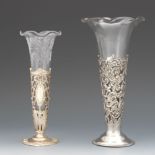 Two Sterling Silver Mounts and Crystal Glass Inserts Trumpet Vases by Reidlich for W.W. Watters &