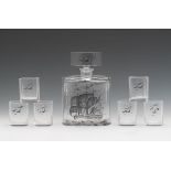 Czech Crystal Cordial Decanter with Six Glasses, ca 1920's-30's  nullCorner cut oval shape with