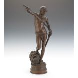 Antonin Mercie (French, 1845 - 1916) 18-1/2""David and Goliath". Bronze sculpture with brown patina,