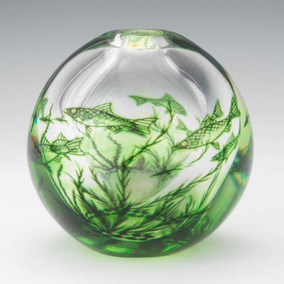 Edward Hald for Orrefors Fish Graal, Swedish, ca. 1950 5"A heavy, thick-walled, round, glass vase - Image 3 of 7