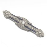 Art Deco Platinum, Diamond and Sapphire Brooch  3 in. Platinum filigree brooch set with old European