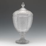 Brilliant Period Covered Urn, Anglo-Irish, ca. 1830 15" x 7"Pressed and cut clear glass urn on