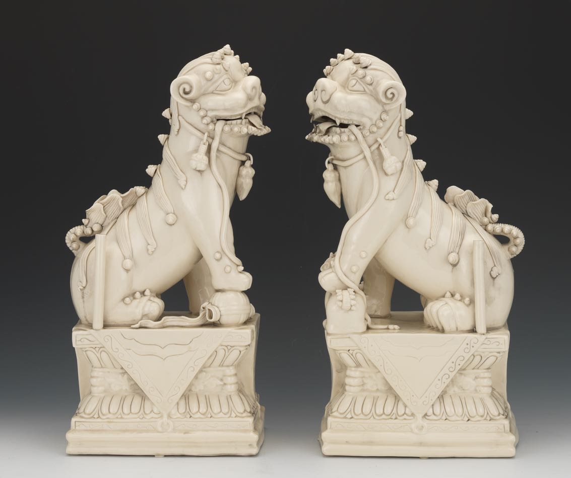 Chinese Pair of Large Blanc de Chine Temple Foo Dog Incense Burners, ca. 1920's 17-1/4" x 8-1/2" x - Image 2 of 7