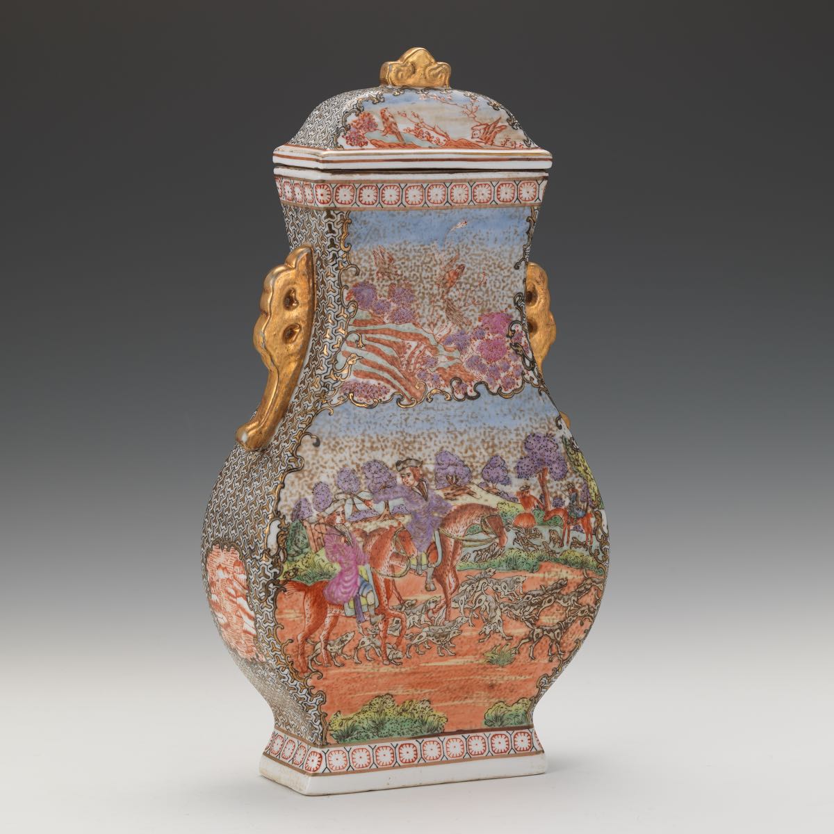 Large Chinese Export Porcelain Hunting Scene Vase with Cover, ca. Late Qing Dynasty  16-3/4" x 9"