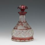 Bohemian Ruby and Clear Crystal Ship's Decanter, ca. 19th Century  8-1/2" x 6-1/4" x 3-3/4"Squat