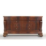 Large Mahogany Sideboard, 19th Century 38-1/2" x 72-3/4" x 27-3/4"Flame mahogany veneered