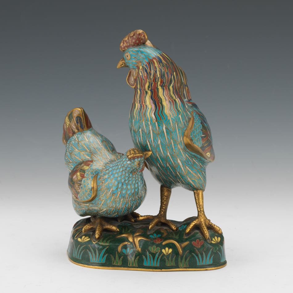 Chinese Cloisonne Grouping of Rooster and Hen, ca. Late Qing Dynasty/Republic Period 9" x 6-1/2" x - Image 2 of 7