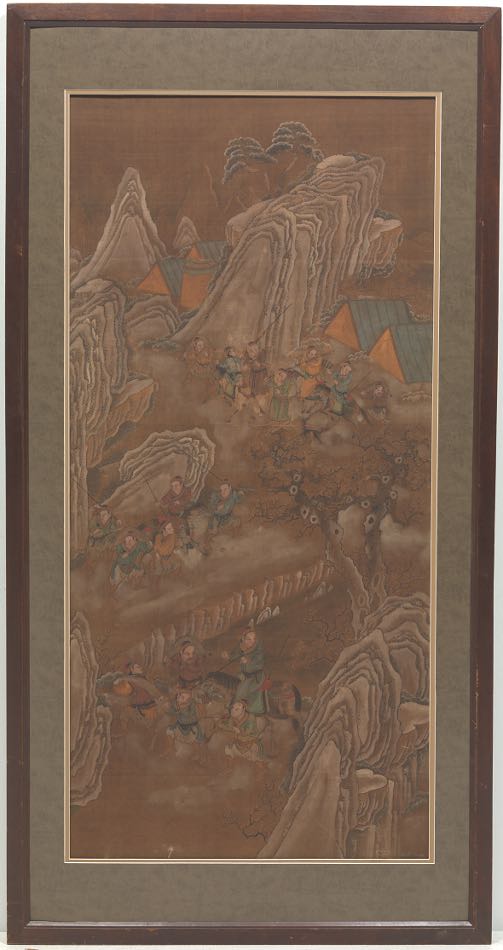 Chinese Scroll Painting on Silk 61" x 31-7/8"Scroll painting on silk depicting men on a hunt, riding - Image 3 of 4