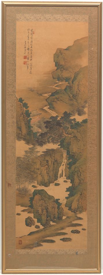Japanese Framed Kakemono 60" x 20 3/4"Ink and color on silk, in the Chinese style, red seal stamp - Image 2 of 4