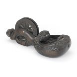 Carved Wood Loom Thread Pulley 3-1/2" x 3-7/8" x 8-1/2"Carved wood silk thread pulley depicting a