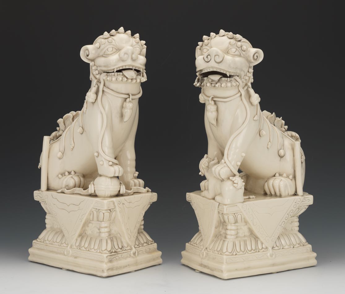 Chinese Pair of Large Blanc de Chine Temple Foo Dog Incense Burners, ca. 1920's 17-1/4" x 8-1/2" x