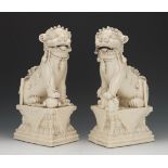 Chinese Pair of Large Blanc de Chine Temple Foo Dog Incense Burners, ca. 1920's 17-1/4" x 8-1/2" x