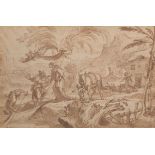 Domenico Piola  (Italian, 1627-1703) 10-1/2" x  15-5/8" paper The flight into Egypt. Pen and brown