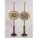 A Pair of Antique Regency Pole Screens 13-1/2" x 16-1/2"Mahogany and satinwood, slender 57" poles