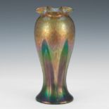 Loetz Oil Spot Art Glass Vase 11" x 4-1/2"Loetz oil spot pulled feather design ruffle top vase, with