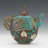 Chinese Cloisonne Enamel Phoenix Teapot, ca. Late Qing Dynasty/Republic Period 9" x 9-1/2" x 3"