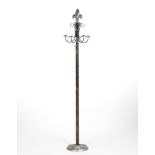 Leather Clad Coat Stand 81" x 15"Metal coat stand with four hooks, silver fleur de lis finial and