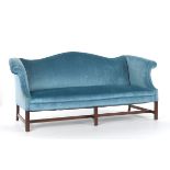 Blue Velvet Camelback Sofa 2'9 Â¾" x 6'5" x 2'6"Blue velvet covered camelback sofa with scroll arms,