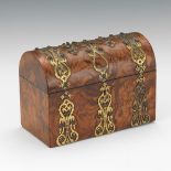 Antique Contental Tea Caddy 9"  x 4-1/2" x 6-1/2"Beatiful burled wood arched top tea cady with brass