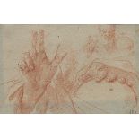 Italian School  5-7/8" x 8-7/8"paperStudy of hands, one holding an orb. Red chalk on blue paper,