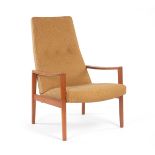 Danish Modern Highback Olive Lounge Chair 40" x 25-1/2" x 29" Mid-century olive upholstered arm