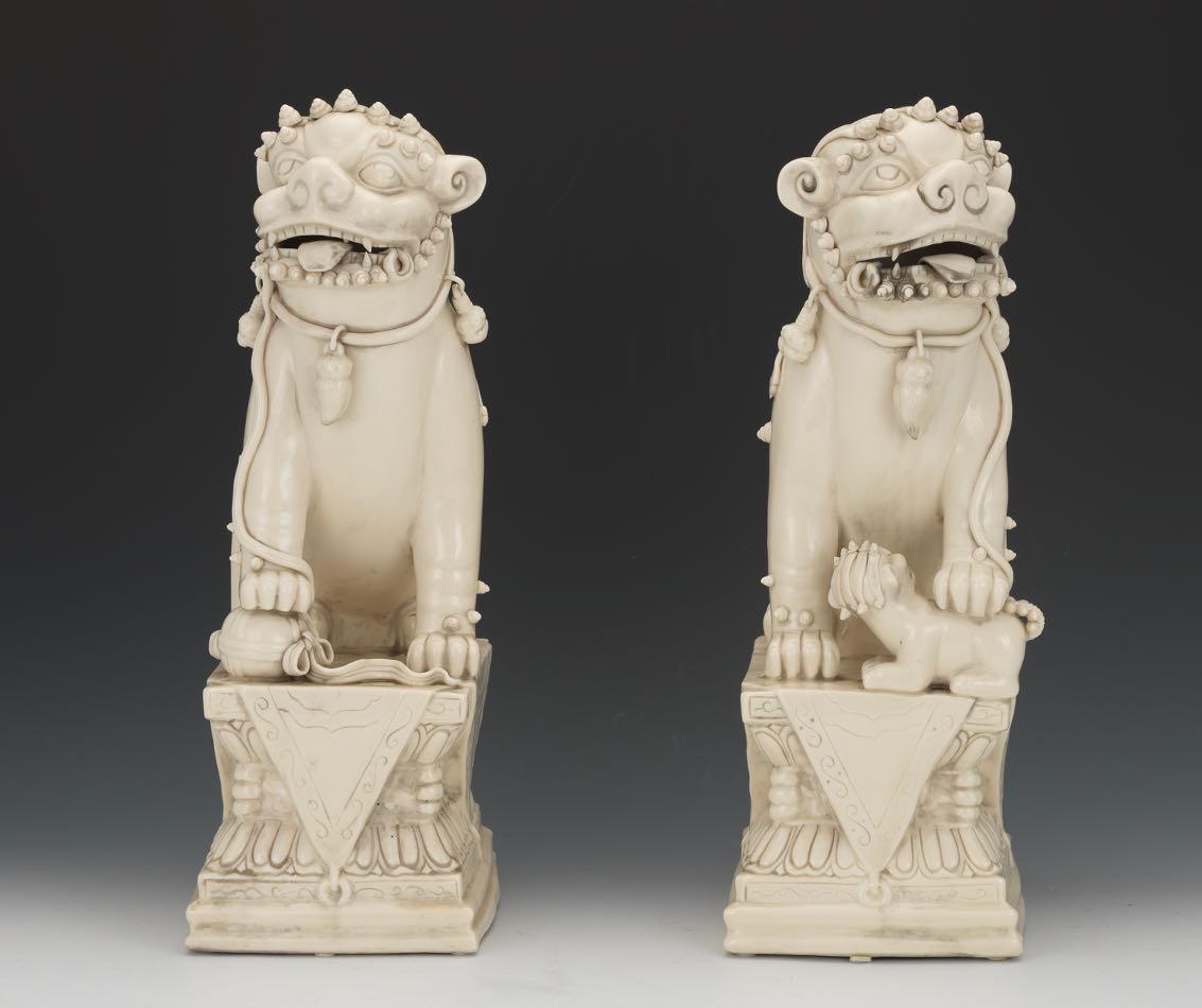 Chinese Pair of Large Blanc de Chine Temple Foo Dog Incense Burners, ca. 1920's 17-1/4" x 8-1/2" x - Image 3 of 7