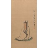 Japanese Framed Kakemono 36" x 18 1/2" Ink and color on silk mounted as scroll painting, signed at