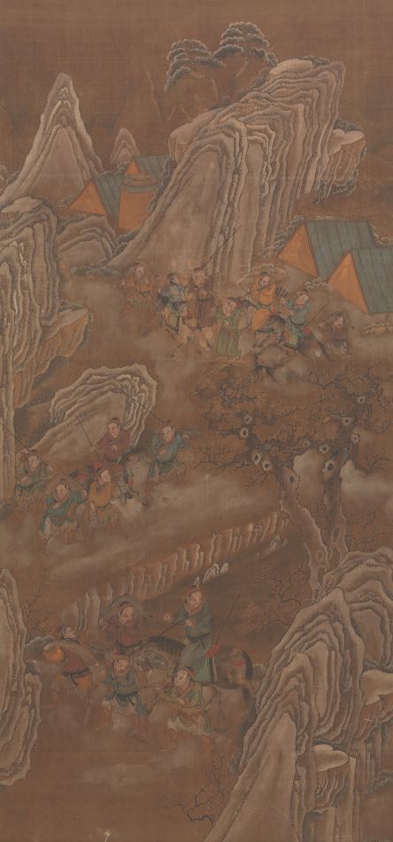 Chinese Scroll Painting on Silk 61" x 31-7/8"Scroll painting on silk depicting men on a hunt, riding