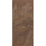 Chinese Scroll Painting on Silk 61" x 31-7/8"Scroll painting on silk depicting men on a hunt, riding