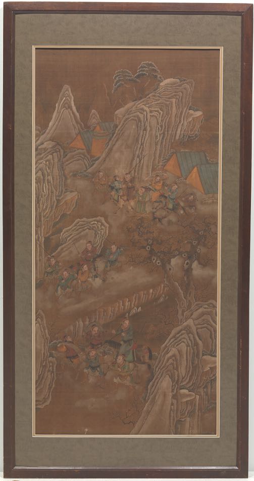 Chinese Scroll Painting on Silk 61" x 31-7/8"Scroll painting on silk depicting men on a hunt, riding - Image 2 of 4